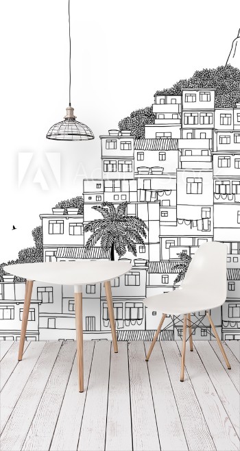 Picture of Rio de Janeiro Brazil - hand drawn black and white illustration with space for text